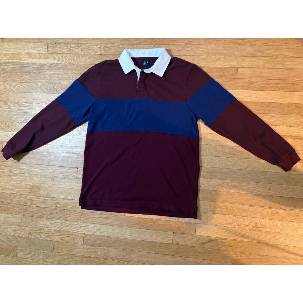 GAP Heritage Rugby Shirt Medium Tall Maroon Blue Long Sleeve Cotton Polo